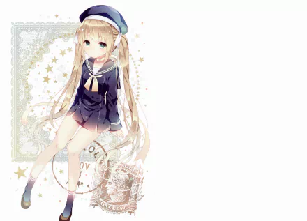 Anime-style blonde girl with long twintails, blue eyes, blush, wearing a sailor hat, navy outfit, and socks, set against a decorative star-themed background in 4K Ultra HD.
