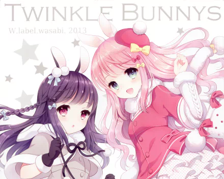 Anime-style HD desktop wallpaper featuring two original characters with bunny ears, one with long pink braided hair and blue eyes, the other with long black hair, purple eyes, and blush.