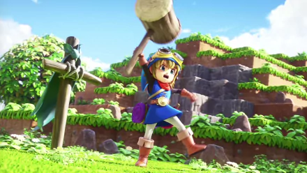 HD wallpaper of Dragon Quest Builders featuring the protagonist with a hammer in a vibrant landscape.