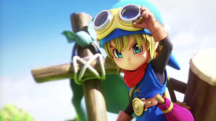 HD desktop wallpaper of a Dragon Quest Builders character adjusting goggles, with a bright, adventurous backdrop.