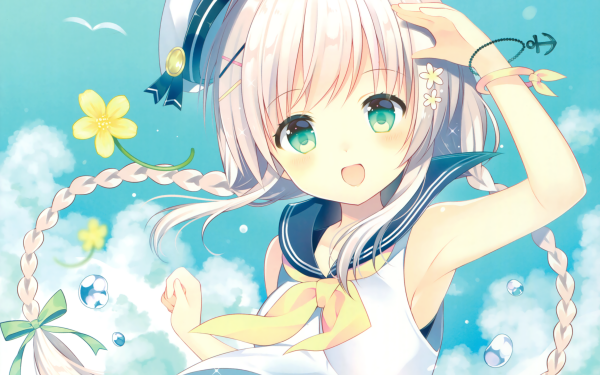 Anime Original Hat Braid Blonde Long Hair Blue Eyes Smile Flower Bubble HD Wallpaper | Background Image