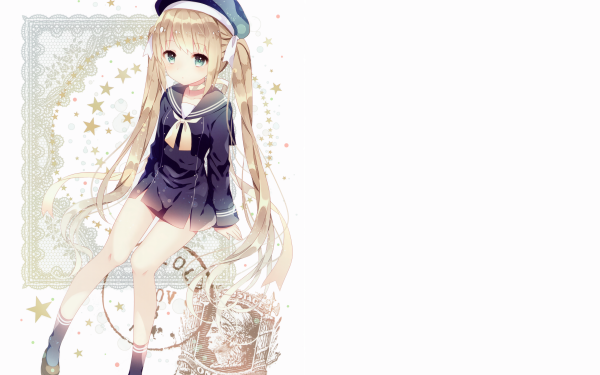 Anime Original Hat Long Hair Blonde Twintails Stars Socks Blue Eyes Blush HD Wallpaper | Background Image
