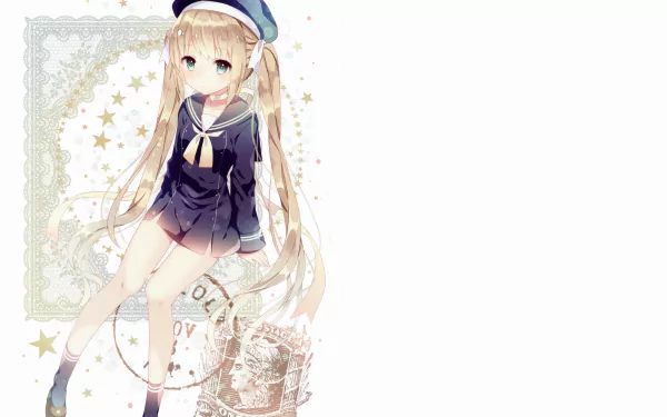 Anime-style blonde girl with long twintails, blue eyes, blush, wearing a sailor hat, navy outfit, and socks, set against a decorative star-themed background in 4K Ultra HD.