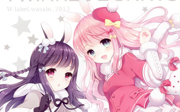 Anime-style HD desktop wallpaper featuring two original characters with bunny ears, one with long pink braided hair and blue eyes, the other with long black hair, purple eyes, and blush.