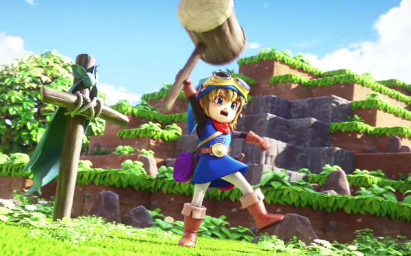 HD wallpaper of Dragon Quest Builders featuring the protagonist with a hammer in a vibrant landscape.