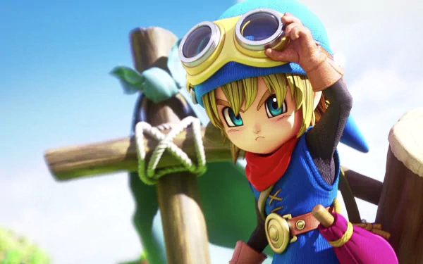 HD desktop wallpaper of a Dragon Quest Builders character adjusting goggles, with a bright, adventurous backdrop.