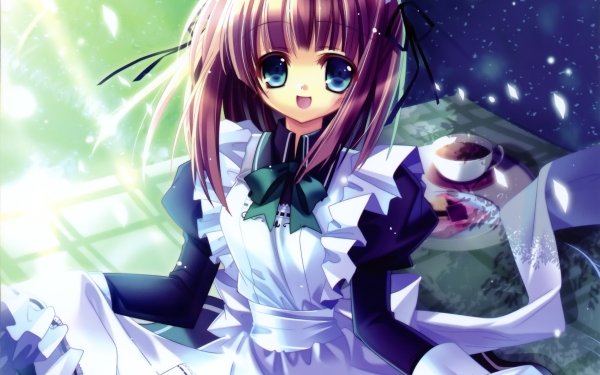 Anime Original Maid Apron Tea Cup Smile Blue Eyes Blush Brown Hair bow Petal HD Wallpaper | Background Image