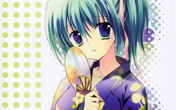 Anime Original Smile Kimono Short Hair Ponytail Green Hair Fan HD Wallpaper | Background Image