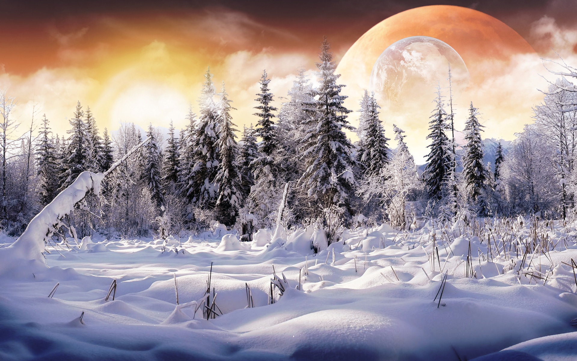 Snow-covered planet in high definition desktop wallpaper.