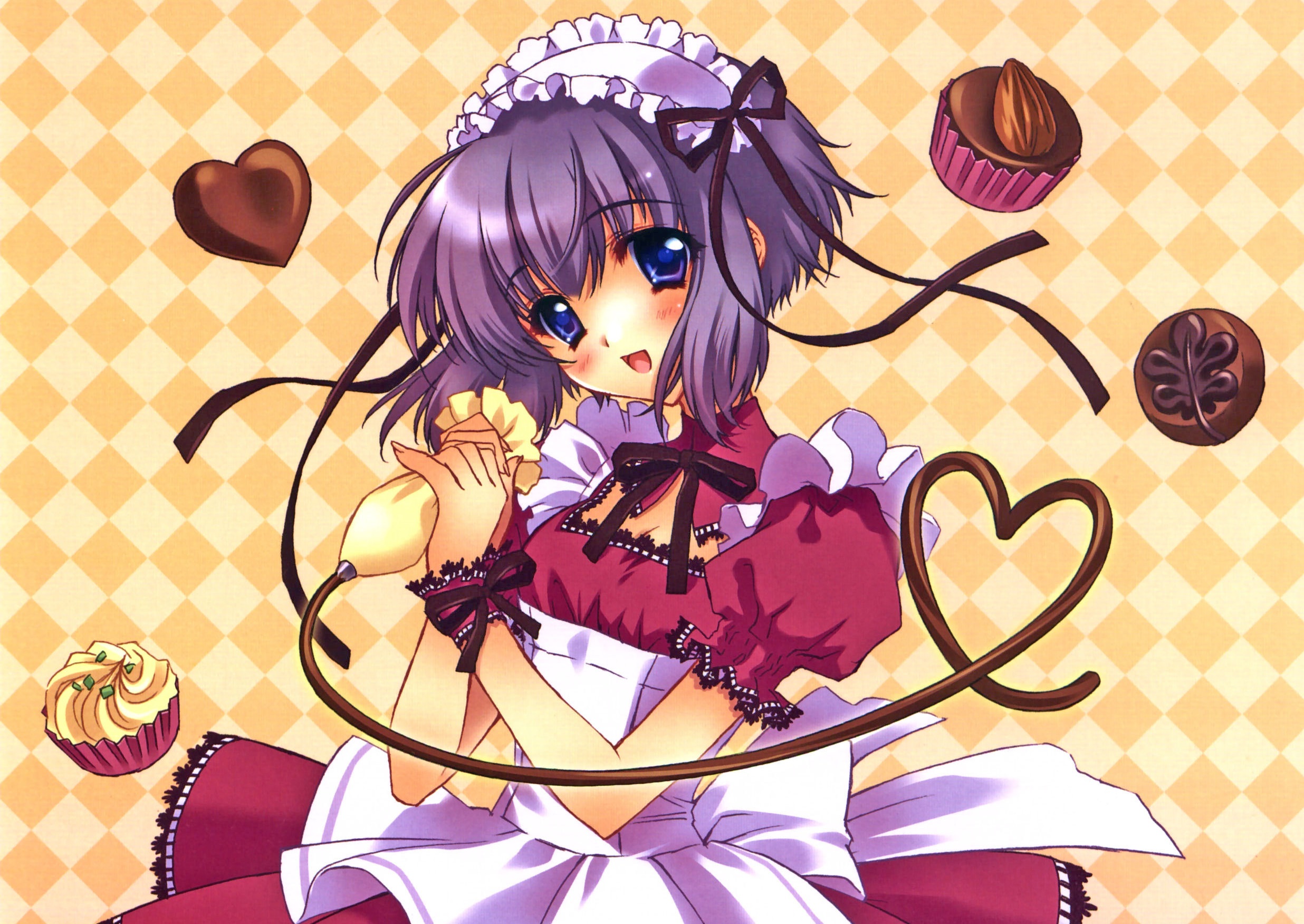 Download Blush Smile Maid Apron Bow (Clothing) Blue Eyes Brown Hair