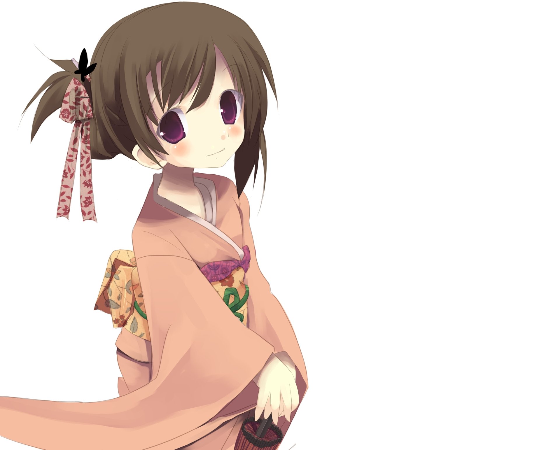 Download Blush Bow (Clothing) Parasol Brown Hair Short Hair Purple Eyes Smile Kimono Anime Original 4k Ultra HD Wallpaper by Shiro (longlongtime)