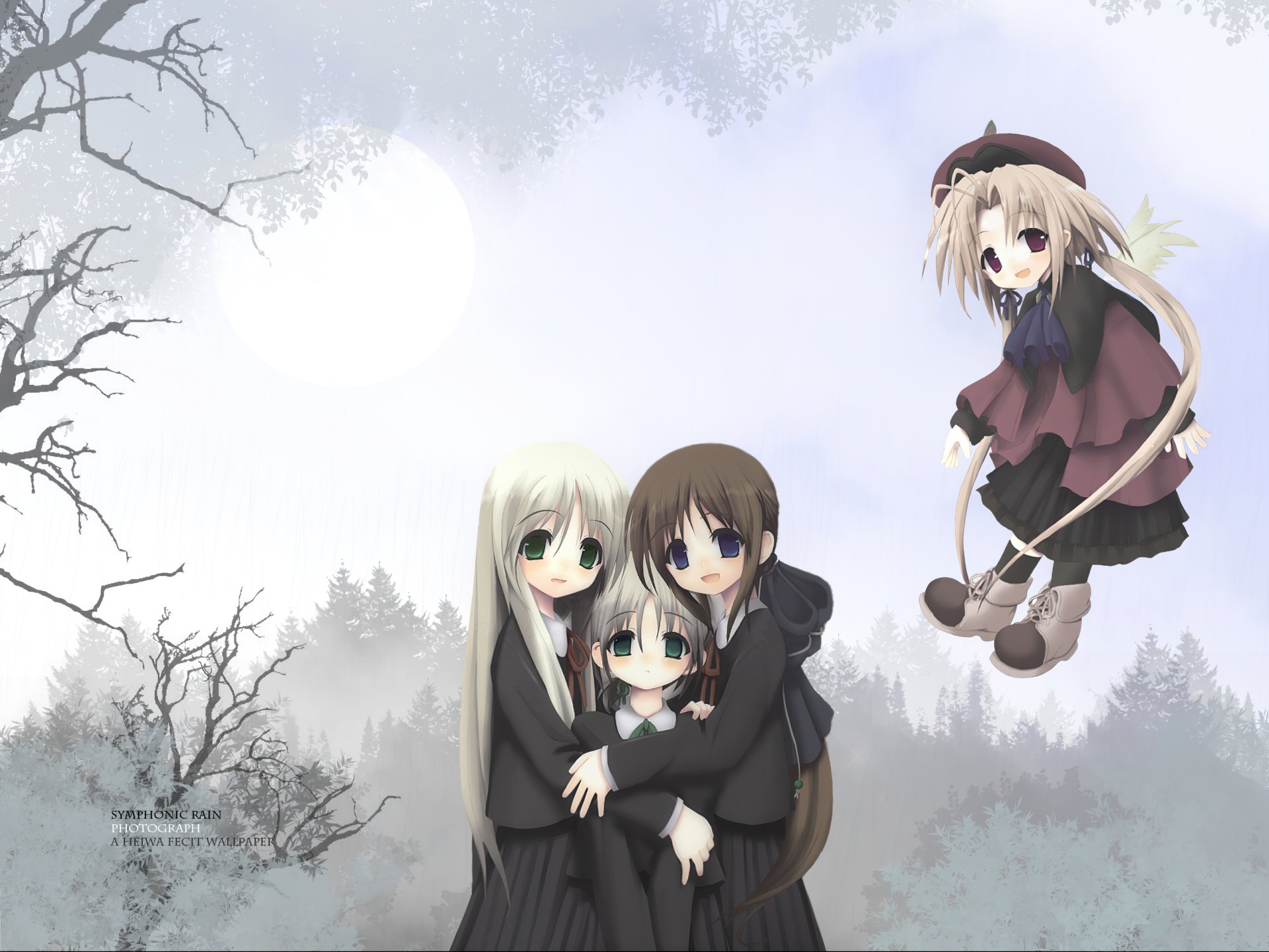 Four anime girls — Tortinita Fine, Liselsia Cesarini, Falsita Fawsett and Phorni (Symphonic Rain) — in a misty moonlit forest, 2K Quad HD PC desktop wallpaper.