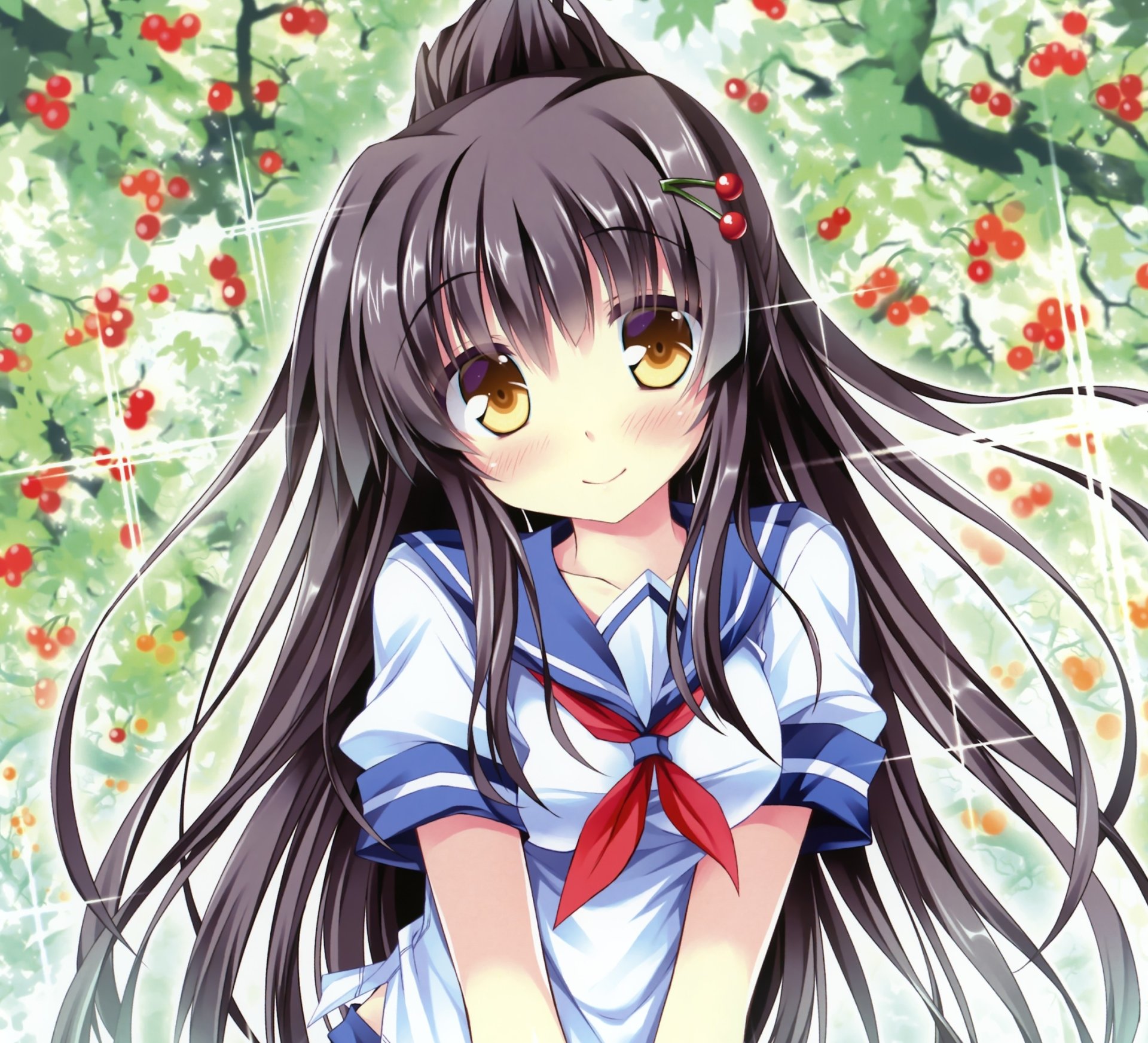 Download Brown Eyes Blush Smile Black Hair Long Hair Anime Original HD Wallpaper by Tateha