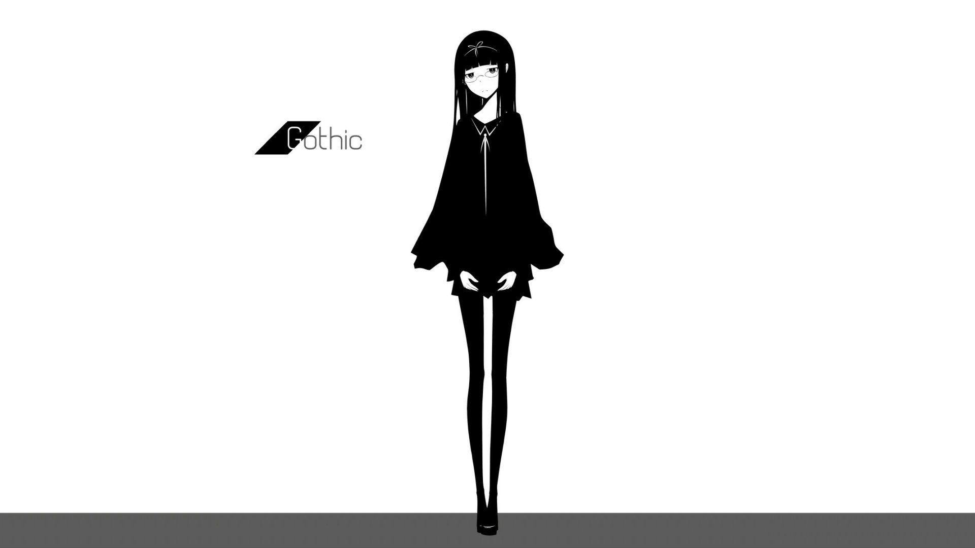 Original black anime HD PC desktop wallpaper: minimalist gothic anime girl silhouette in black standing centered on white background, small Gothic logo at left.