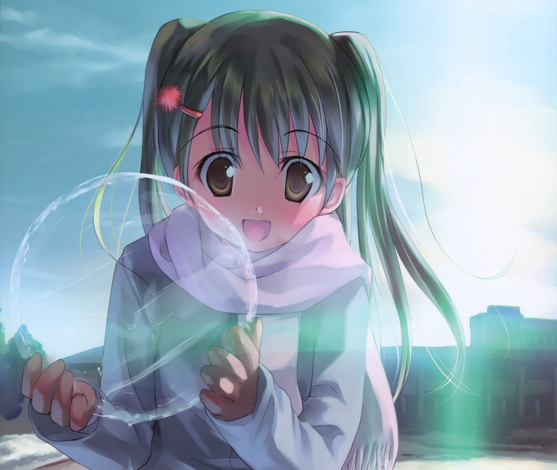 Anime-style HD wallpaper of a smiling girl with long black twintails, brown eyes, blush, wearing a white scarf and gloves, blowing a transparent bubble against a bright sky background.