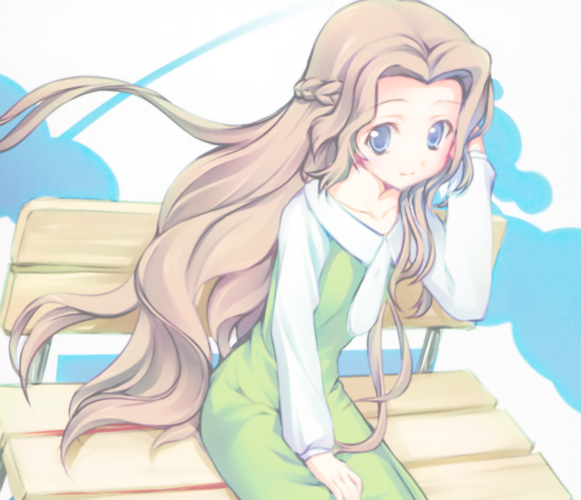 HD anime desktop wallpaper of Nunnally Lamperouge from Code Geass, seated on a bench with long flowing hair and a soft pastel sky background.