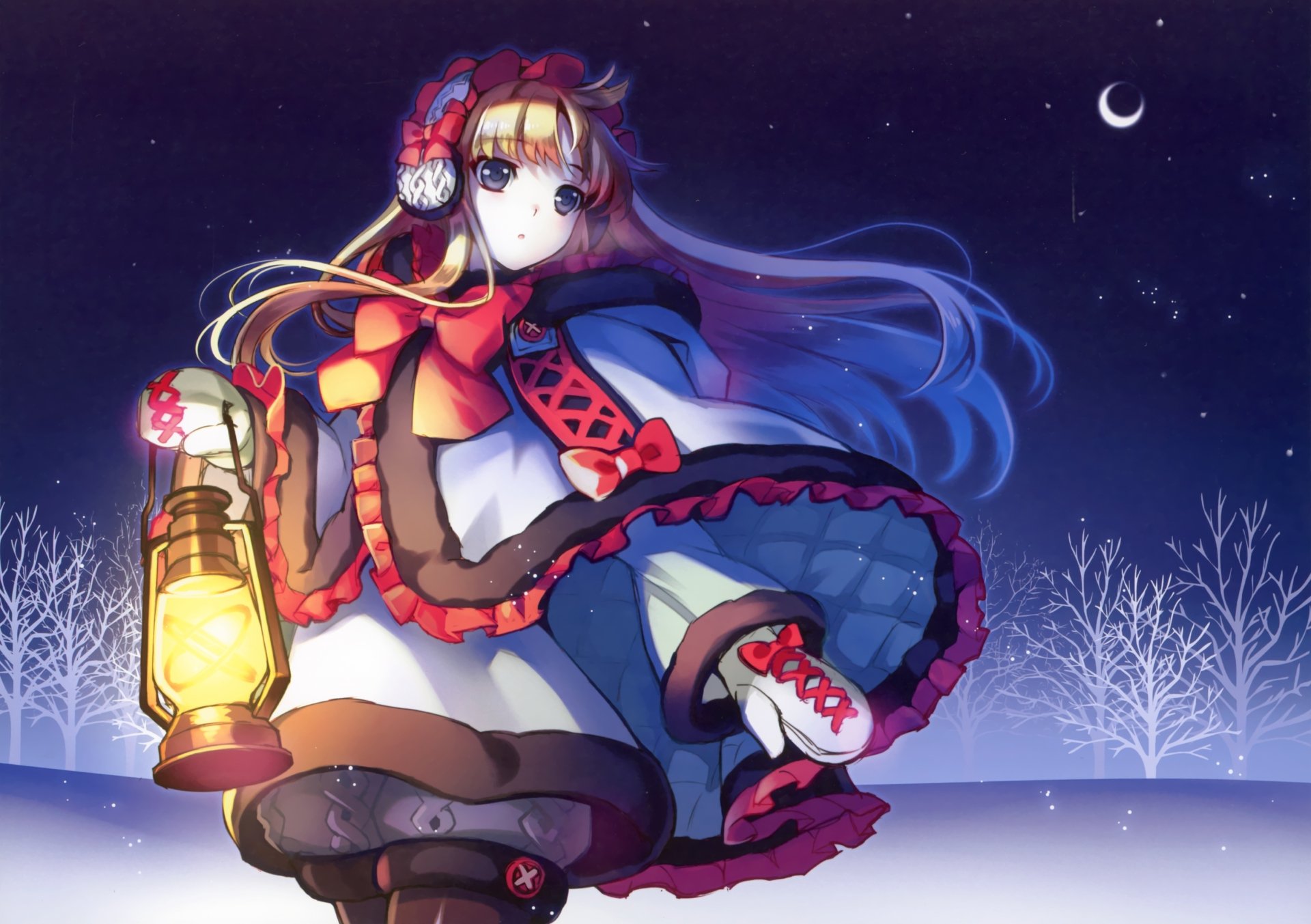 Original anime 2K Quad HD PC wallpaper: a long-haired brown girl with black eyes, wearing a bow and gloves, cloaked and holding a lantern in a snowy, moonlit landscape.