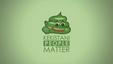 Funny Pepe the Frog logo giving the middle finger above KEKISTANI PEOPLE MATTER text on a muted green 8K Ultra HD PC desktop wallpaper background.