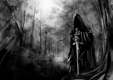 Black and white HD desktop wallpaper featuring a hooded figure holding a sword in a forest, inspired by The Lord of the Rings.