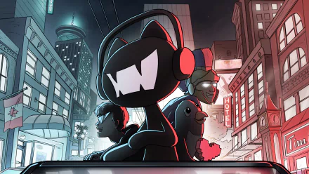 A vibrant HD desktop wallpaper featuring the Monstercat mascot alongside animated characters, set against a bustling city backdrop illuminated by neon lights.
