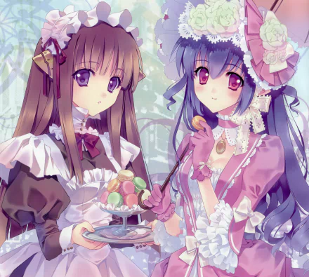 5K Ultra HD anime wallpaper: Touka (Fairy Factory) and Seika (Fairy Factory) in frilly dresses sharing sweets amid a pastel, floral forest background.