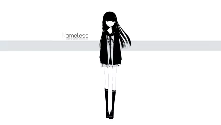 HD PC desktop wallpaper — minimalist white anime original: monochrome schoolgirl with long black hair and uniform centered on a white background, 'tameless' text at left.