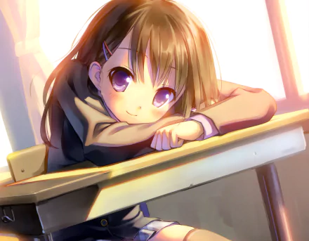 Anime original girl with long black hair, purple eyes and a blush, smiling as she leans on a desk in warm light — 2K Quad HD PC desktop wallpaper/background.