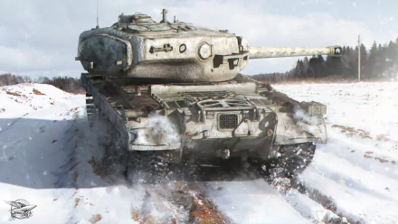 HD PC desktop wallpaper featuring the T30 Heavy Tank from the World of Tanks video game, shown moving through a snowy landscape.