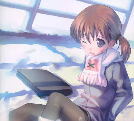 Original anime 4K Ultra HD PC desktop wallpaper: short brown-haired girl with brown eyes and scarf, sitting by a bag in the snow, winking.