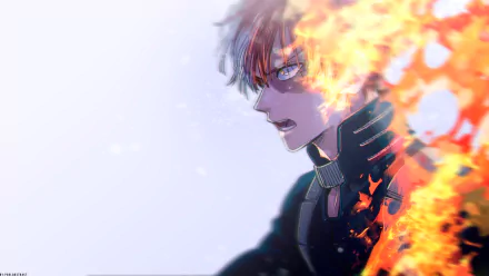 HD desktop wallpaper featuring Shoto Todoroki from My Hero Academia, showcasing his intense and determined expression surrounded by flames.