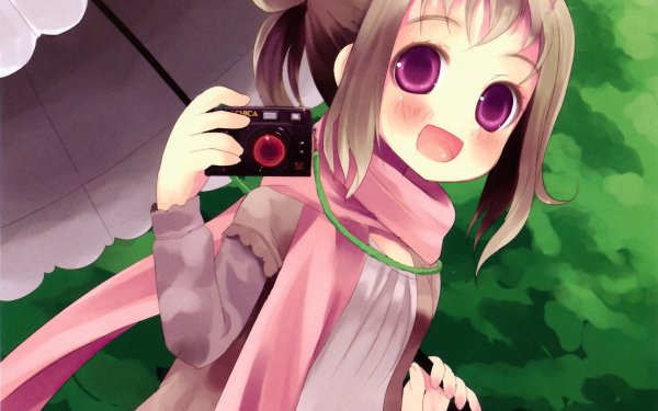 Anime Original Umbrella Camera Scarf Smile Blush Short Hair Brown Hair HD Wallpaper | Background Image
