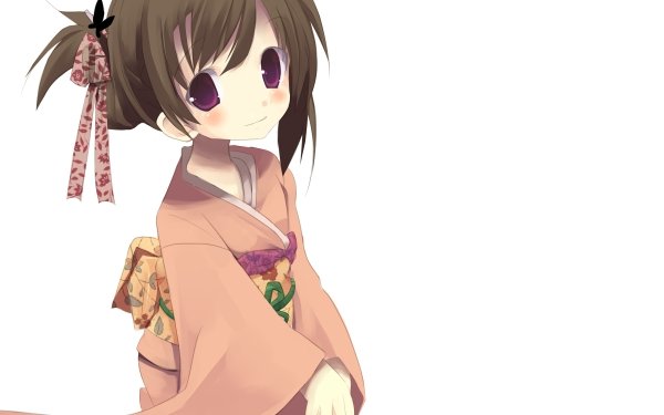 Anime Original Kimono Smile Purple Eyes Short Hair Brown Hair Parasol bow Blush HD Wallpaper | Background Image