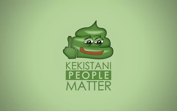 Funny Pepe the Frog logo giving the middle finger above KEKISTANI PEOPLE MATTER text on a muted green 8K Ultra HD PC desktop wallpaper background.