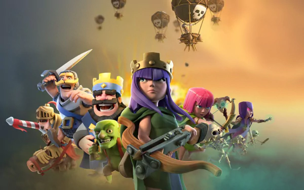 HD desktop wallpaper featuring characters from the video game Clash of Clans, including warriors and archers poised for battle, with a dramatic sky backdrop and hot air balloons adorned with skulls.