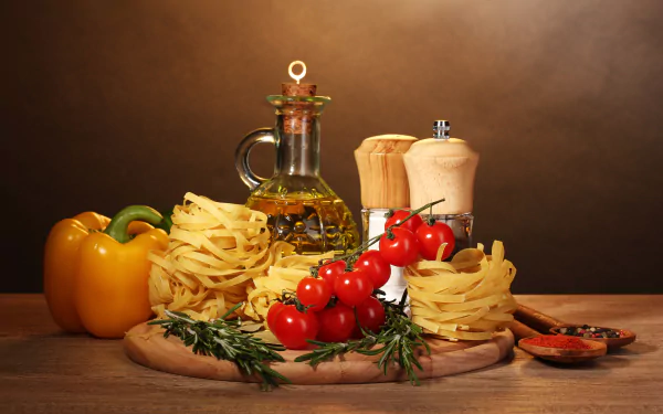 4K Ultra HD still life of fresh tomatoes, pasta nests, olive oil, bell pepper, herbs, and spices arranged on a wooden board against a warm brown background.