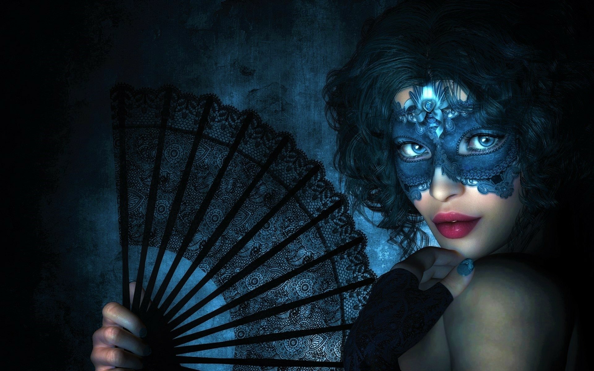 HD desktop wallpaper featuring a woman with blue eyes and short blue hair wearing a black lace mask and glove, holding a black fan, with bold red lipstick in dark photography.