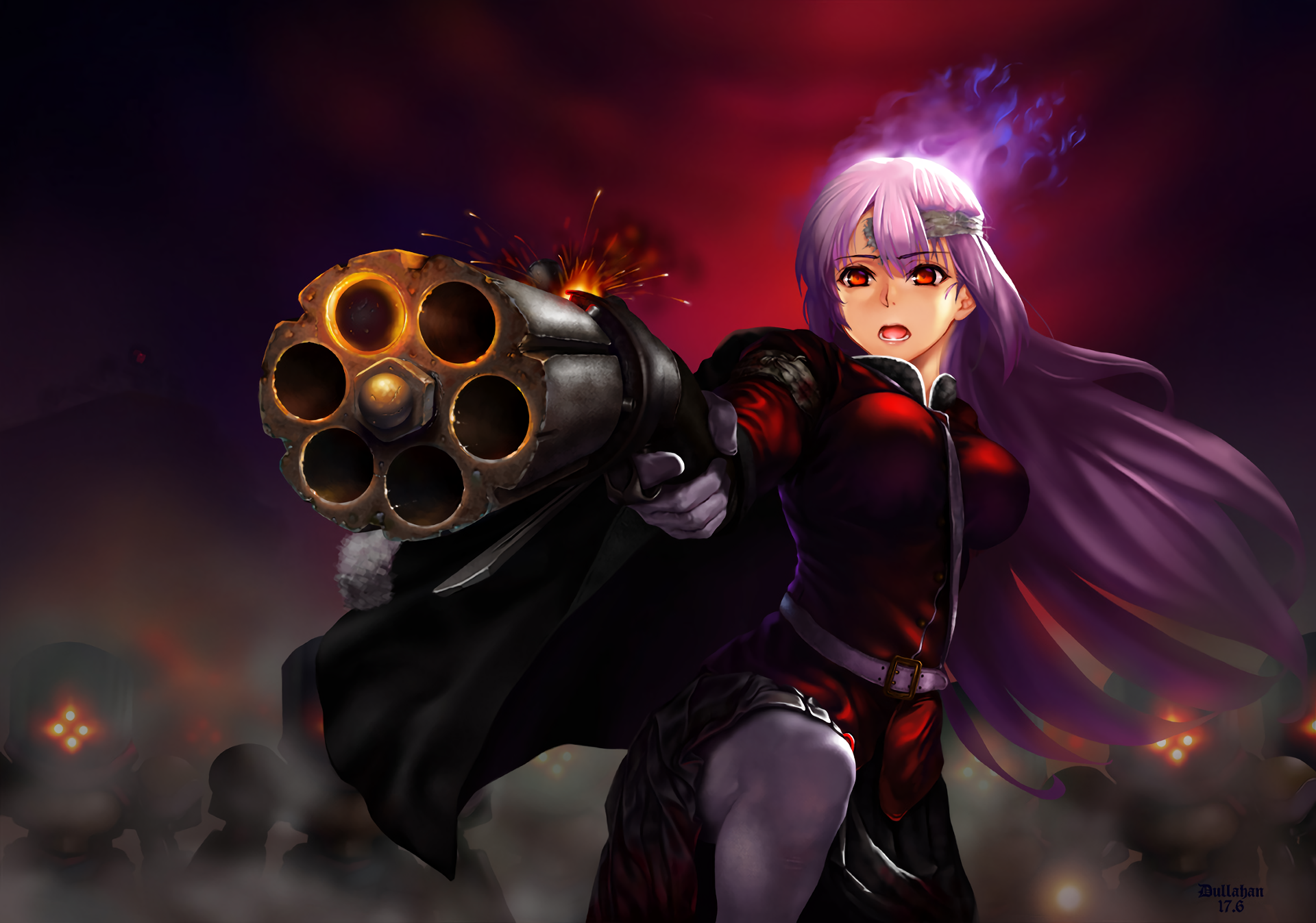 HD anime desktop wallpaper featuring Florence Nightingale from Fate/Grand Order, wielding a large revolver with a dynamic and intense background.