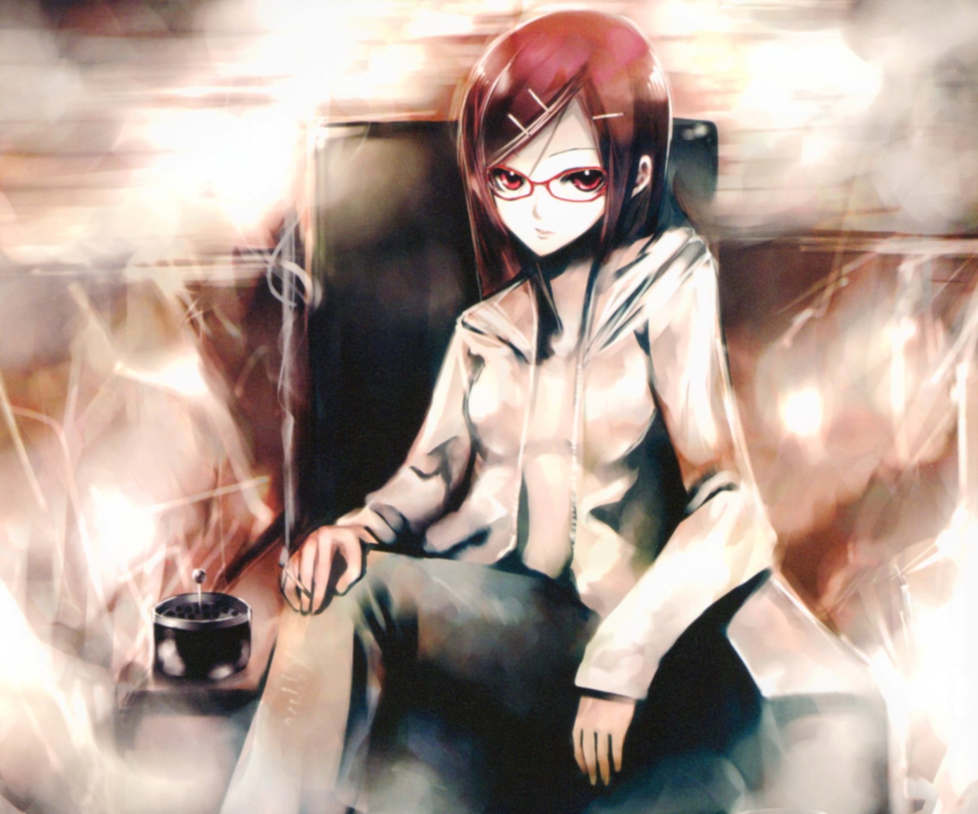 Anime original: short brown-haired woman with red eyes and glasses sits smoking a cigarette in an armchair — moody 4K Ultra HD PC desktop wallpaper background.