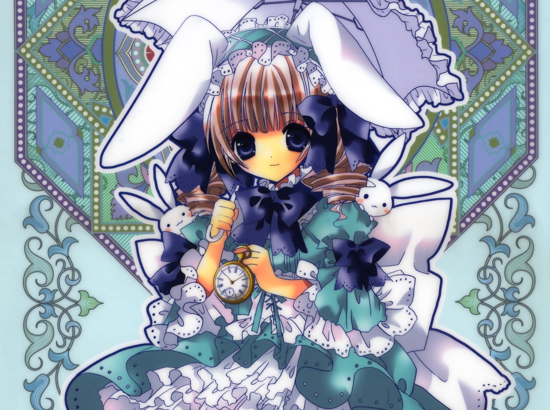 4K Ultra HD anime original PC desktop wallpaper: smiling long brown-haired girl with blue eyes, bunny ears and bow on a frilly outfit, holding a pocket watch amid pastel bunny motifs.