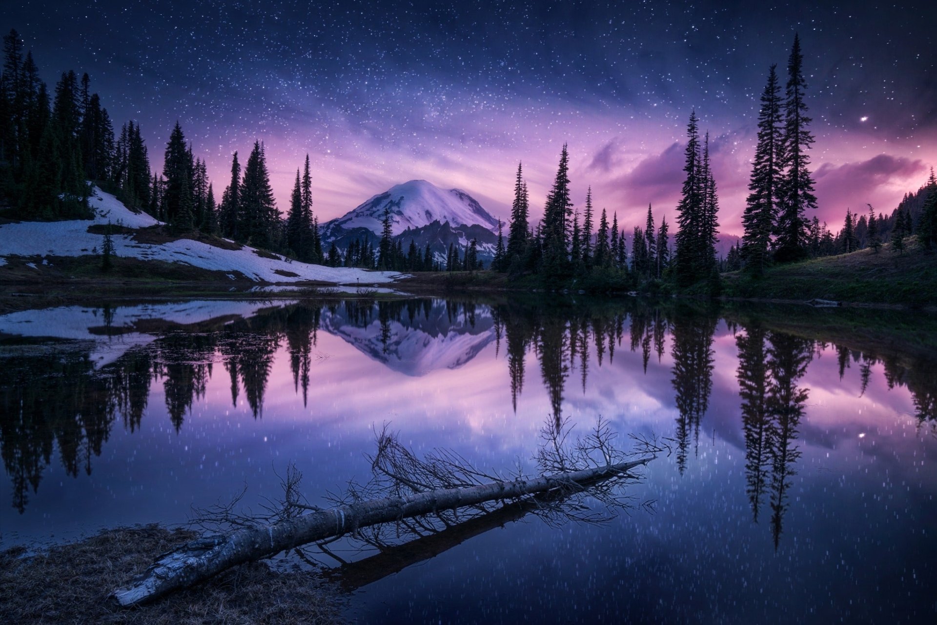 download-starry-sky-winter-tree-sky-lake-reflection-nature-night-winter