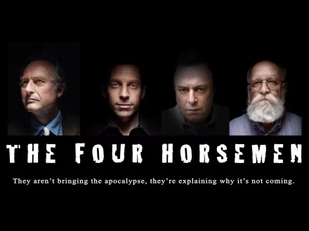 A captivating HD desktop wallpaper featuring The Four Horsemen, highlighting influential voices in anti-religious discourse, with a bold statement on modern beliefs.