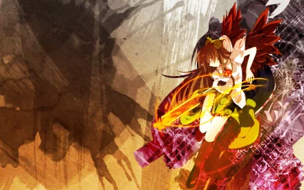 HD PC desktop wallpaper featuring Utsuho Reiuji from Touhou — anime character firing a fiery orb, dynamic pose with dark winged silhouette over grungy abstract background.