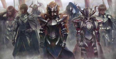 HD desktop wallpaper featuring anime crossover characters Mordred, Leonidas, Tristan, Saber of Red, King Hassan, Gawain, Berserker, Bedivere, and Lancer from the Fate series in a misty, armored standoff.
