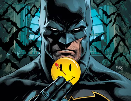 HD PC desktop wallpaper featuring Batman holding the iconic Watchmen smiley face button, blending elements from Watchmen and Batman/The Flash: The Button comic series.