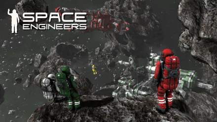 HD desktop wallpaper featuring Space Engineers characters in spacesuits standing on an asteroid with a spacecraft and debris in the background.