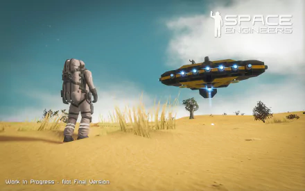 HD desktop wallpaper featuring a Space Engineers scene with an astronaut and a hovering spacecraft on a desert-like planet.