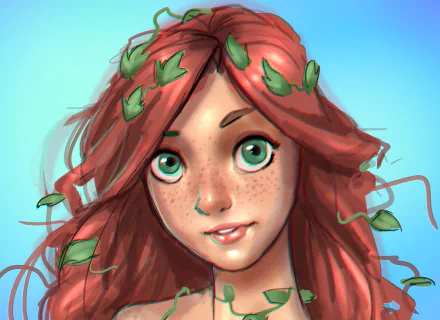 Comic-style close-up of a redhead with green eyes and freckles, adorned with leafy vines, representing Poison Ivy in 4K Ultra HD desktop wallpaper quality.