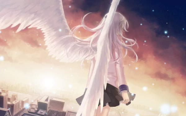 A character from Anime Angel Beats! stands on a rooftop, gazing at a vibrant sunset, with large wings extending behind her, creating a serene and captivating HD background.