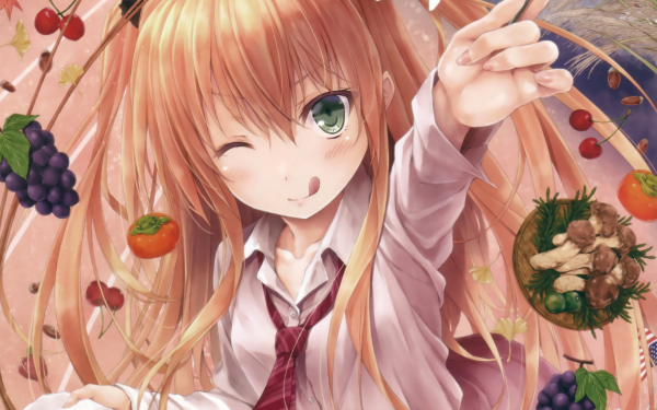 Anime Girl Long Hair Orange Hair Bunny Green Eyes Wink Apple Heart Tie Fruit Mushroom HD Wallpaper | Background Image