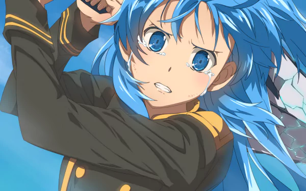 HD wallpaper of Chtholly Nota Seniorious from SukaSuka, showcasing her with blue hair and teary eyes, set against a sky-blue background.